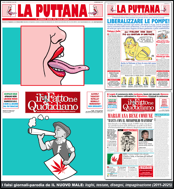 Grafica di Maila Navarra: i falsi giornali parodia de IL NUOVO MALE, ideazione e realizzazione di loghi e testate, impaginazione